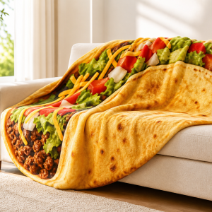 Aurenyn giant taco blanket on a cozy sofa